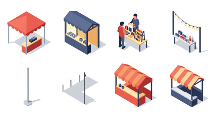 Isometric market stalls and vendor setup with people and products
