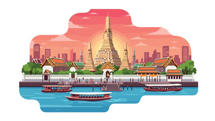 Sunset scenery of bangkok temple and skyline with riverfront view