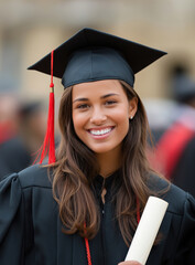 portrait of a happy young woman in a graduation gown, holding a diploma at a university. 