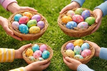 Hands holding woven baskets filled with colorful painted eggs on green grass, festive spring holiday decoration and family celebration concept