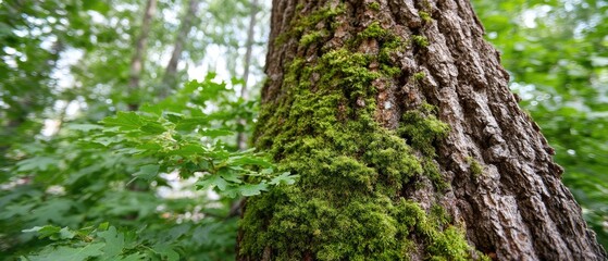 Obraz premium Close view of green moss covering the deep cracks on an old oak tree trunk with vibrant green leaves around in a forest setting during daytime hours