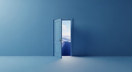 Open Blue Door Leading to Bright Outside Sky