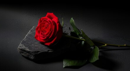 Vivid Red Rose Resting on a Textured Black Stone