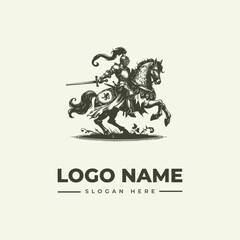 Naklejka premium A knight on horseback with a sword in a vintage engraving logo design featuring a logo name and slogan on a beige background.