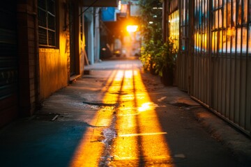 Obraz premium Narrow alleyway illuminated by a reflective beam of light at sunset in a serene urban space