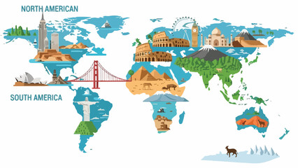 A stylized world map with iconic landmarks around the globe © Boy