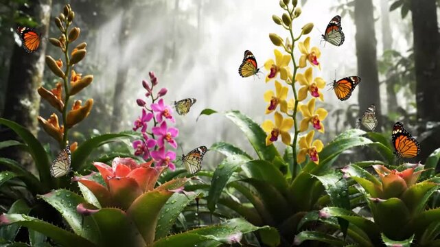 Vibrant rainforest scene showcases water droplets on bromeliad leaves as butterflies gracefully flutter among colorful orchid blooms in tropical forest