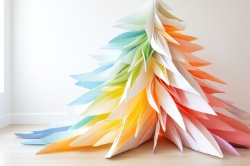 Obraz premium Colorful origami christmas tree in snowy winter wonderland with soft pastel hues