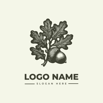 A vintage-style woodcut illustration of an oak leaf and acorn logo with a placeholder name and slogan on a clean white background.