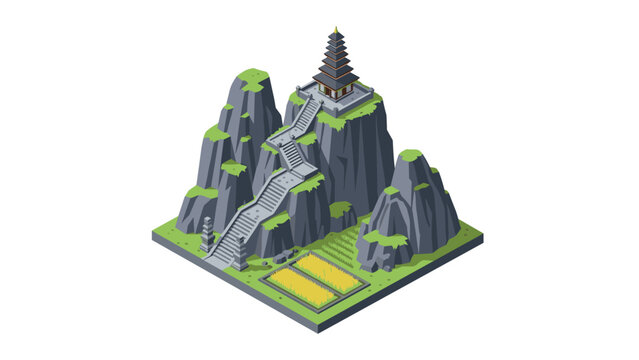 Isometric mountain temple with rice terrace surrounded by rocky landscape
