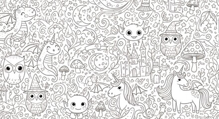 Whimsical Fantasy Scene with Unicorns, Owls, and Enchantments