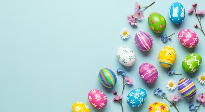 Colorful Easter eggs and flowers arranged on a pastel blue background, viewed from above, showcasing vibrant patterns and hues.