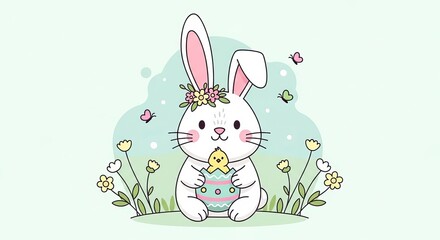 A white rabbit with a flower crown holding an egg, surrounded by flowers, in a whimsical and colorful outdoor setting, from a straight-on viewpoint.