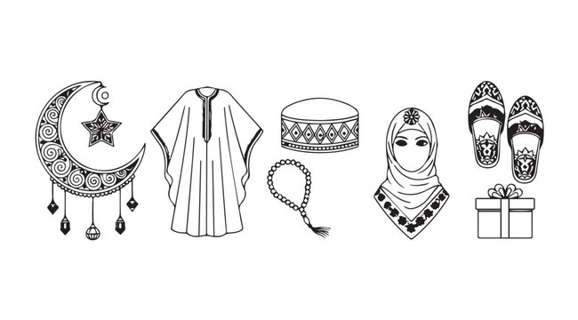 Islamic Symbols and Clothing Line Art Collection for Ramadan and Eid Celebration