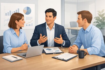 Fototapeta premium Business team meeting in modern office with laptop, documents, and analytics charts on wall, colleagues discussing strategy and performance metrics