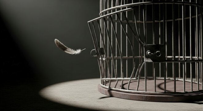 Bird flying out of metal cage.