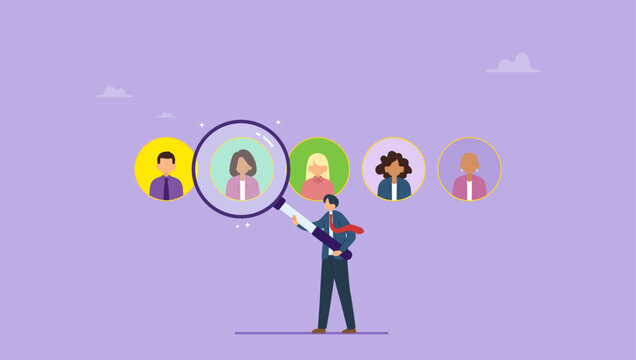 Businessman, employer boss or HR manager standing using magnifying glass to choose job interview people. Human resources or finding suitable candidates concept, head hunt, choosing talent for job.