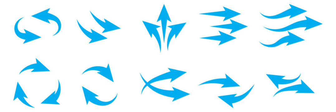 Air flow arrows set. Set of blue arrow showing wind air flow. Vector set of air flow arrows. Blue air flow arrows showing wind circulation and ventilation. Vector Set of Blue Air Flow and Wind
