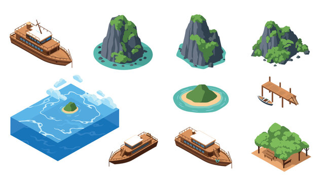 Isometric tropical island elements with boats, rocks, and trees