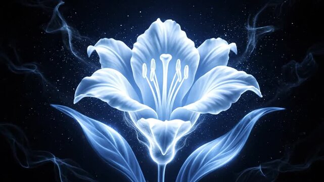 Glowing blue lotus flower illuminated against a dark cosmic background.