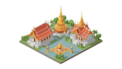 Traditional thai temple complex in isometric style with ornate pagodas and lush greenery
