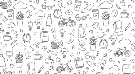 Doodle Pattern of Everyday Items on White Background