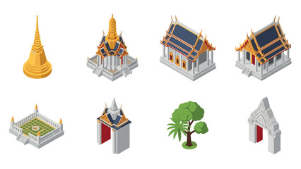 Isometric thai architecture icons: temples, pagodas, and traditional structures
