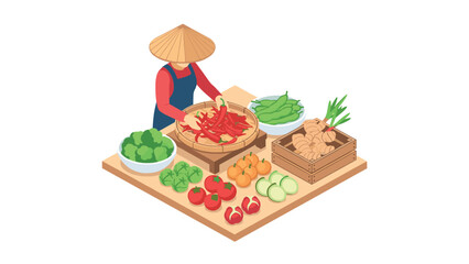 Isometric asian market vendor preparing fresh vegetables