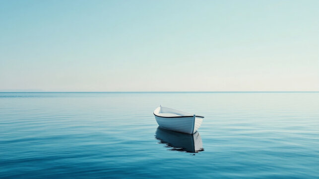 Minimalist serene scene featuring a solitary white rowboat floating peacefully on calm, vast blue water under a pale sky
