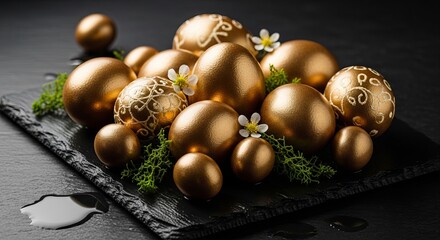 Golden Easter eggs arranged on black stone slab with decorative flowers and leaves from above
