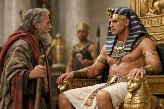 Moses confronting pharaoh in royal egyptian setting