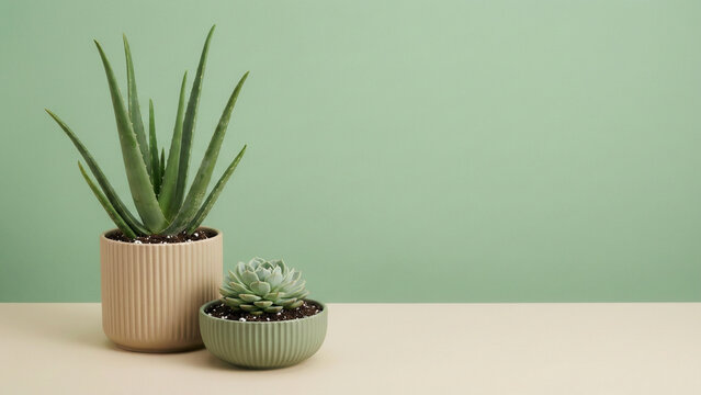 Aloe vera and echeveria succulent in ceramic pots on mint green background with copy space