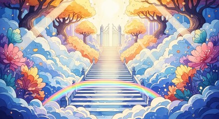 Fototapeta premium A majestic staircase ascends to heaven surrounded by vibrant rainbow clouds and lush foliage viewed from below.