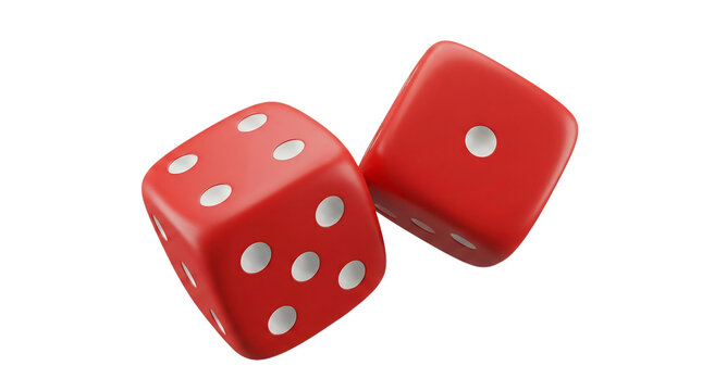 Two red gaming dice showing different numbers for gambling casino and board game concepts isolated on transparent background