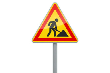 Triangle road construction warning sign with worker silhouette for traffic safety and street maintenance isolated on transparent background