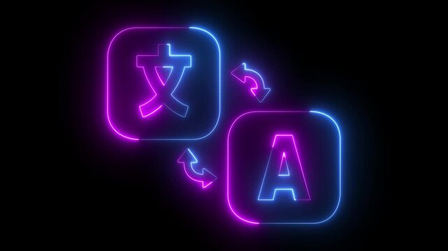 Glowing neon Translate icon isolated on black background. Online translator concept. Language translator icon. Foreign language conversation icons in chat speech bubble. 4k video animation.