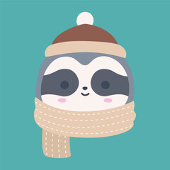 Naklejka premium Cute Winter Sloth Head with Scarf Flat Vector
