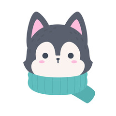 Cute Winter Wolf Head with Scarf Flat Vector
