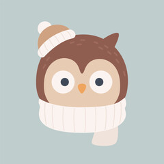 Cute Winter Owl Head with Hat and Scarf Flat Vector