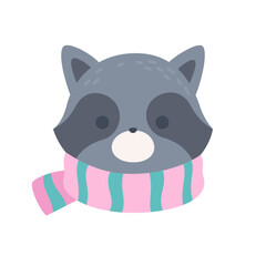 Cute Winter Raccoon Head with Scarf Flat Vecto