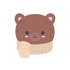 Cute Winter Bear Head with Scarf Flat Vector