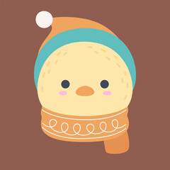 Cute Winter Chick Head with Hat and Scarf Flat Vector
