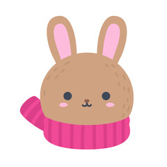 Cute Winter Rabbit Head with Scarf Flat Vector