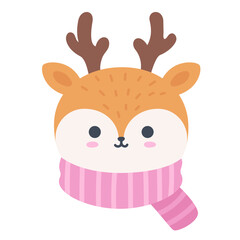 Cute Winter Deer Head with Scarf Flat Vector