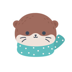 Cute Winter Otter Head with Scarf Flat Vector
