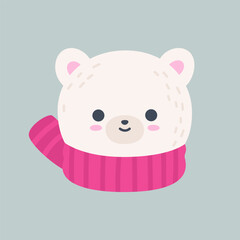 Cute Winter Polar Bear Head Illustration Wearing Scarf