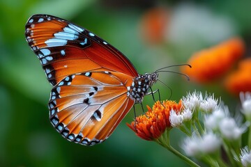 Obraz premium Vibrant Butterfly on Orange and White Flowers