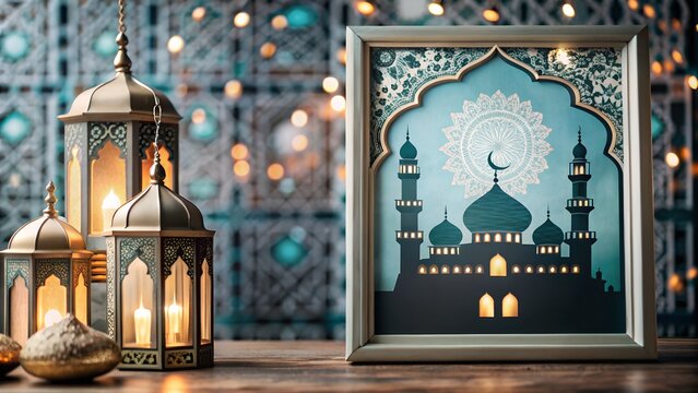 Elegant ramadan decor with lanterns and mosque artwork illustration