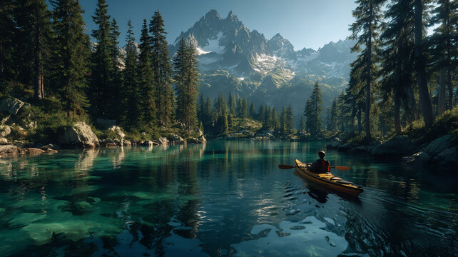  Kayaker exploring Moraine Lake in Banff National Park in the Canadian Rockies, kayaking on the river, kayak on the river, canoe on the lake, kayak on the lake, kayaking on the lake