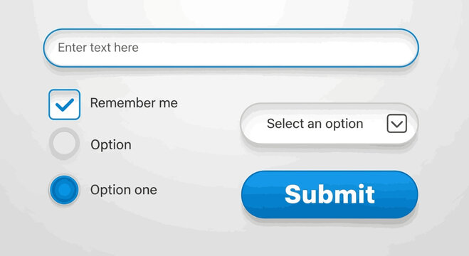 Web form elements: input field, checkbox, radio buttons, dropdown, submit button